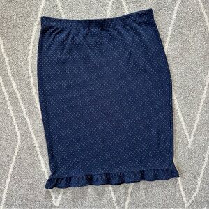 Max Studio Navy Blue Swiss Dot Stretch Pencil Skirt with Ruffle Hem